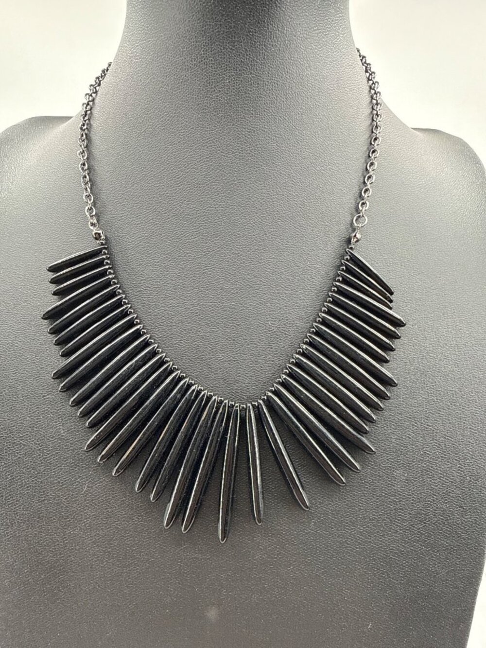 Y2K Black Spike Fringe Bib Necklace Gunmetal Gothic Edgy Punk Statement Collar